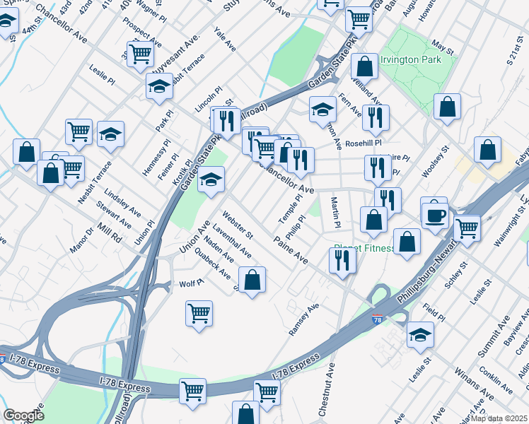 map of restaurants, bars, coffee shops, grocery stores, and more near 151 Paine Avenue in Irvington
