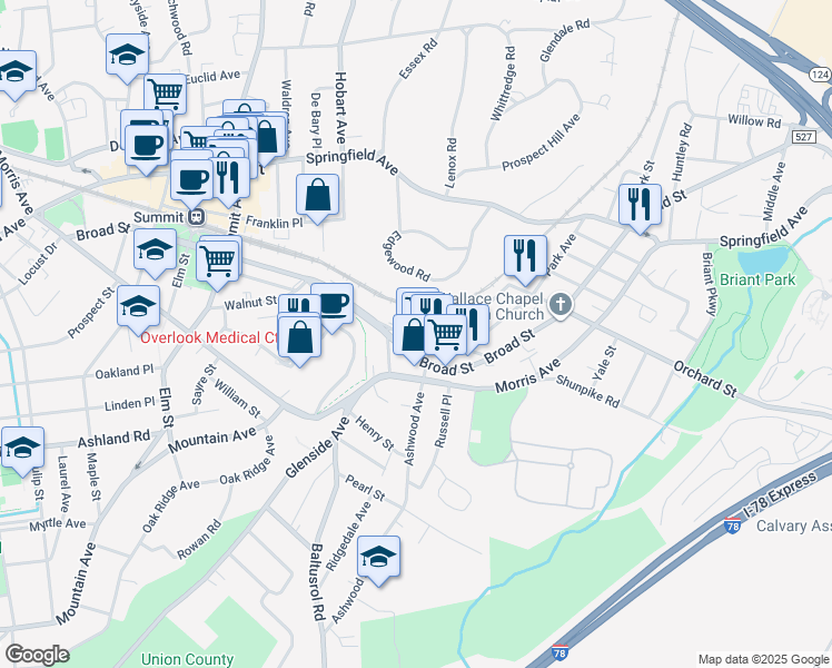 map of restaurants, bars, coffee shops, grocery stores, and more near 96 Park Avenue in Summit