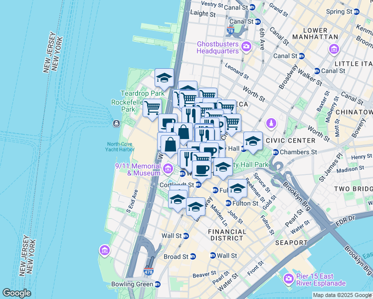 map of restaurants, bars, coffee shops, grocery stores, and more near 1 World Trade Center in New York