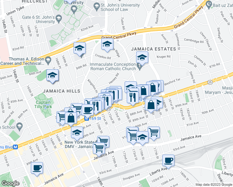 map of restaurants, bars, coffee shops, grocery stores, and more near 50 Highland Avenue in Queens