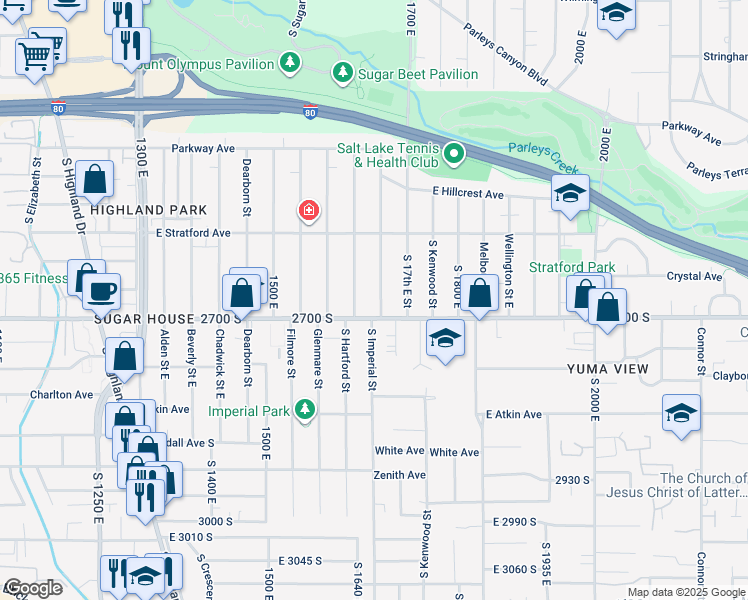 map of restaurants, bars, coffee shops, grocery stores, and more near 2688 South Imperial Street in Salt Lake City