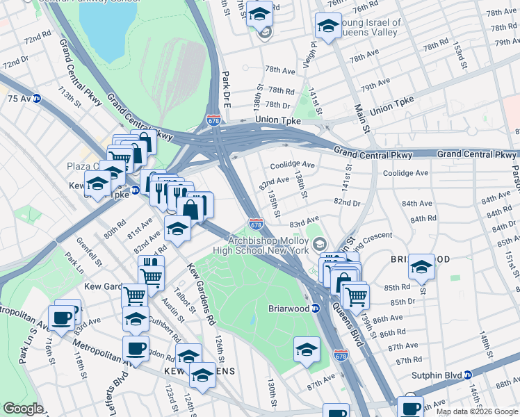 map of restaurants, bars, coffee shops, grocery stores, and more near Hoover Ave & 134th St in Queens