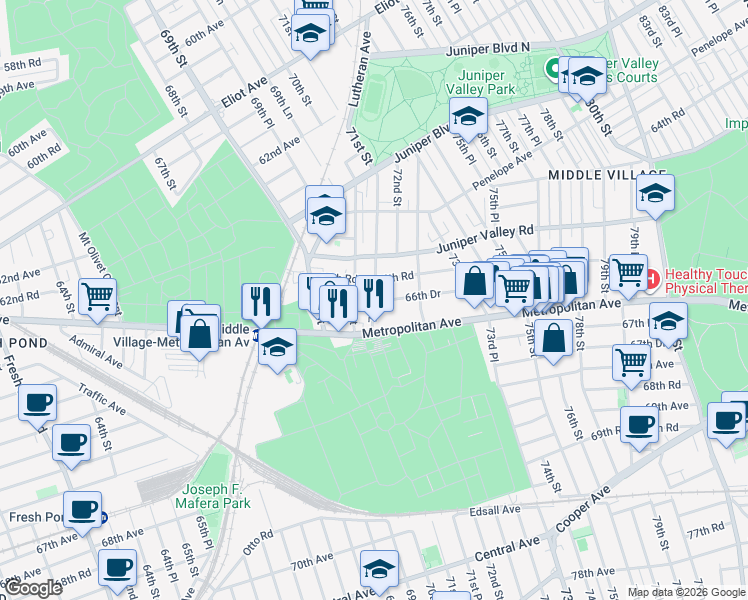 map of restaurants, bars, coffee shops, grocery stores, and more near 71st Street & 66th Drive in Queens