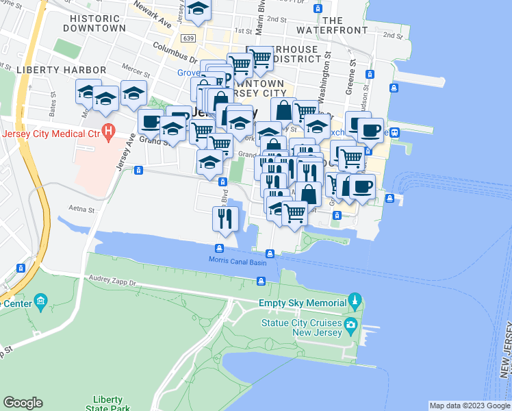 map of restaurants, bars, coffee shops, grocery stores, and more near 149 Essex Street in Jersey City