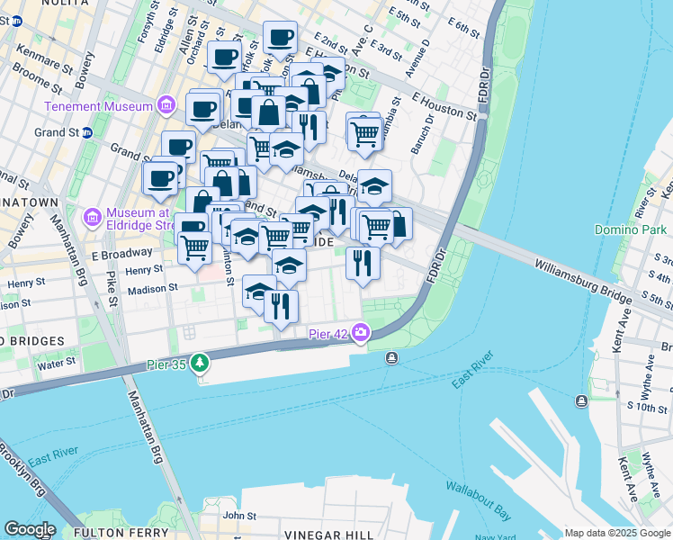 map of restaurants, bars, coffee shops, grocery stores, and more near 356 Madison Street in New York