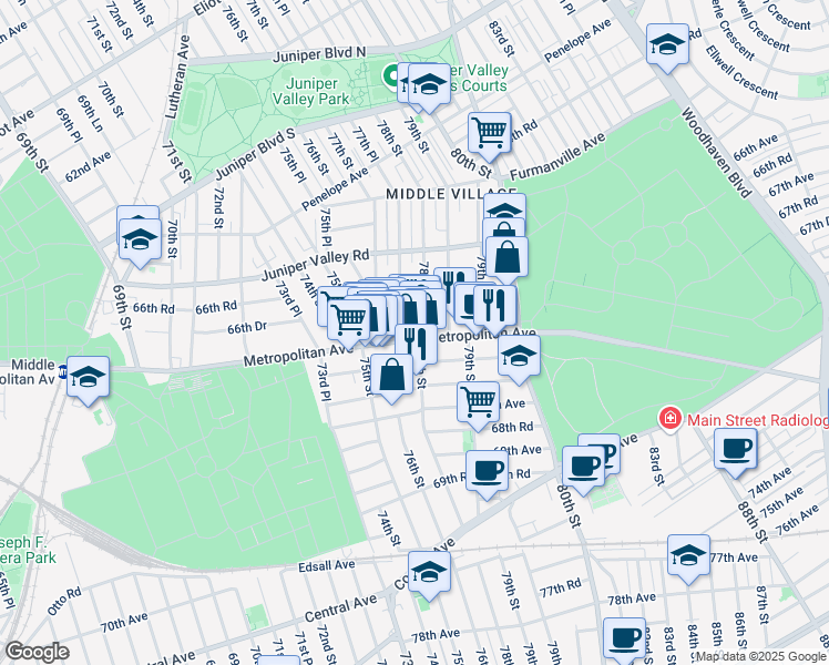 map of restaurants, bars, coffee shops, grocery stores, and more near 78-12 Metropolitan Avenue in Queens