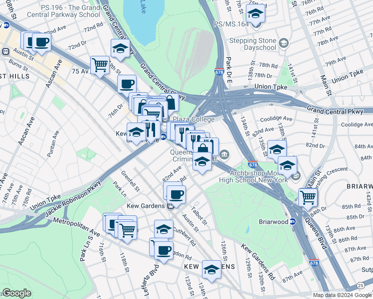 map of restaurants, bars, coffee shops, grocery stores, and more near 120-34 Queens Boulevard in Queens