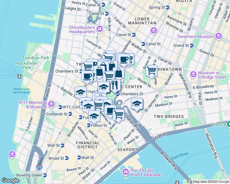 map of restaurants, bars, coffee shops, grocery stores, and more near 31 Chambers Street in New York
