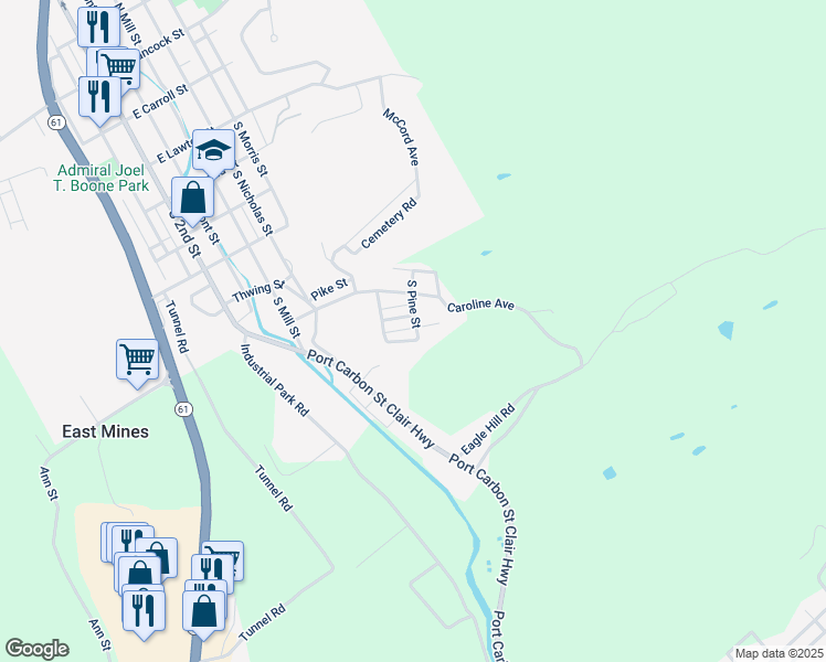 map of restaurants, bars, coffee shops, grocery stores, and more near 2001 South Pine Street in Pottsville