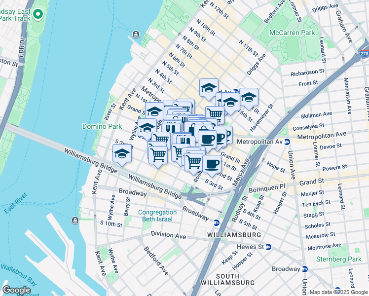 map of restaurants, bars, coffee shops, grocery stores, and more near 706 Driggs Avenue in Brooklyn