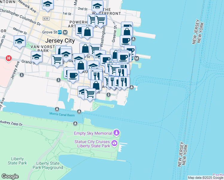 map of restaurants, bars, coffee shops, grocery stores, and more near 35 Hudson Street in Jersey City