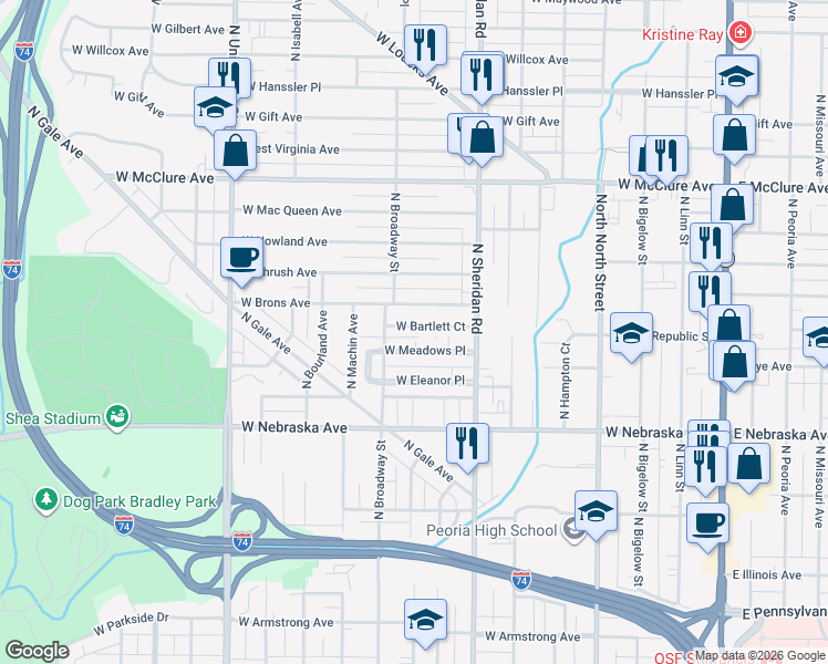 map of restaurants, bars, coffee shops, grocery stores, and more near 814 West Bartlett Court in Peoria