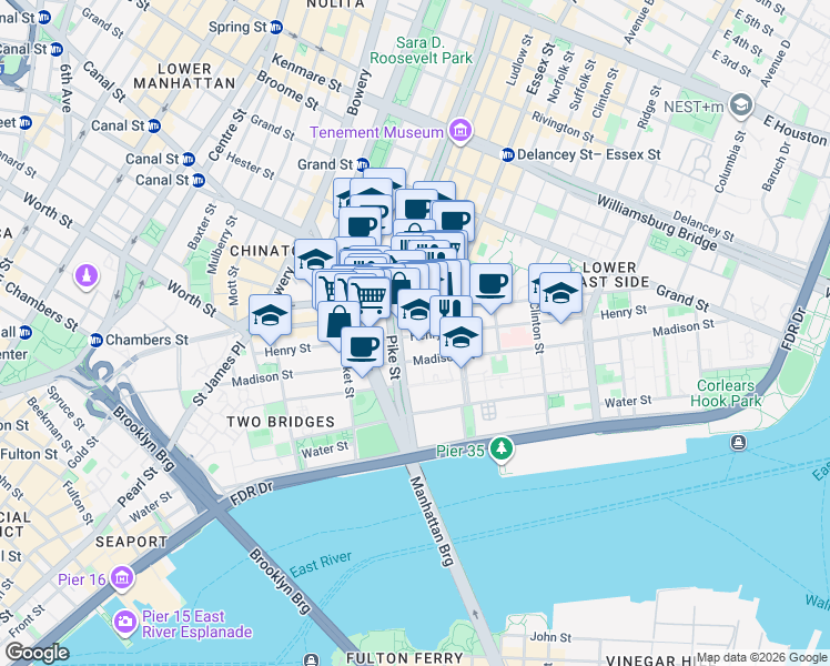 map of restaurants, bars, coffee shops, grocery stores, and more near 122 Henry Street in New York