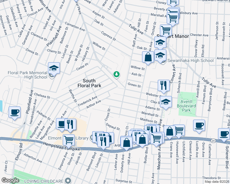 map of restaurants, bars, coffee shops, grocery stores, and more near 1548 Clay Street in Elmont