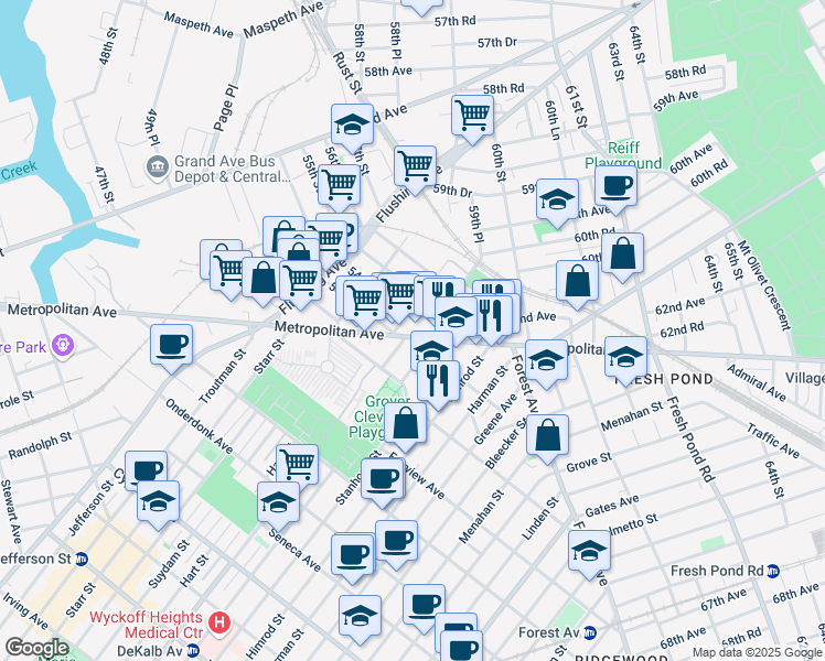 map of restaurants, bars, coffee shops, grocery stores, and more near in Queens
