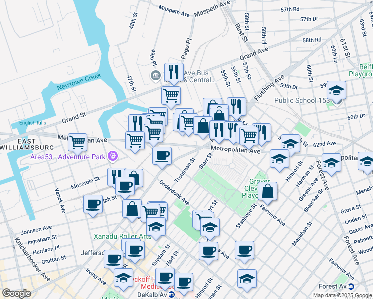 map of restaurants, bars, coffee shops, grocery stores, and more near in Queens