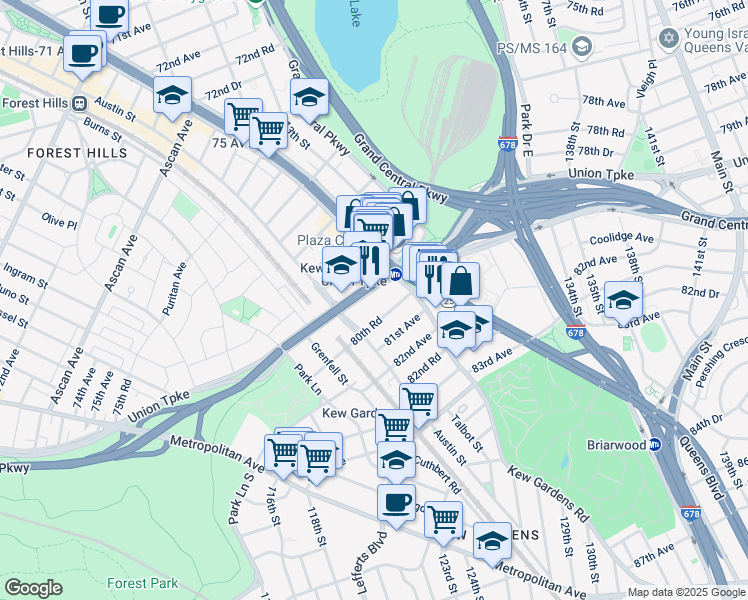 map of restaurants, bars, coffee shops, grocery stores, and more near 119-39 80th Road in Queens