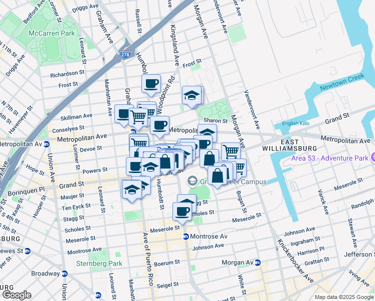 map of restaurants, bars, coffee shops, grocery stores, and more near 182 Powers Street in Brooklyn