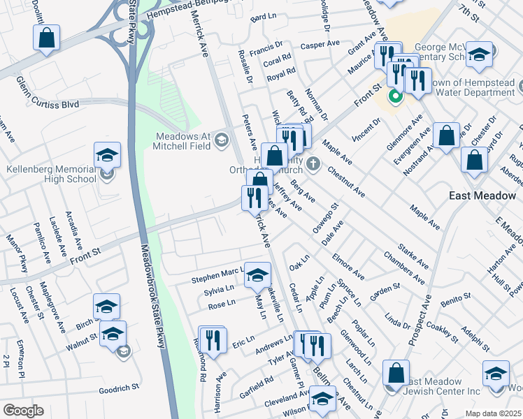 map of restaurants, bars, coffee shops, grocery stores, and more near 1556 Warren Street in East Meadow