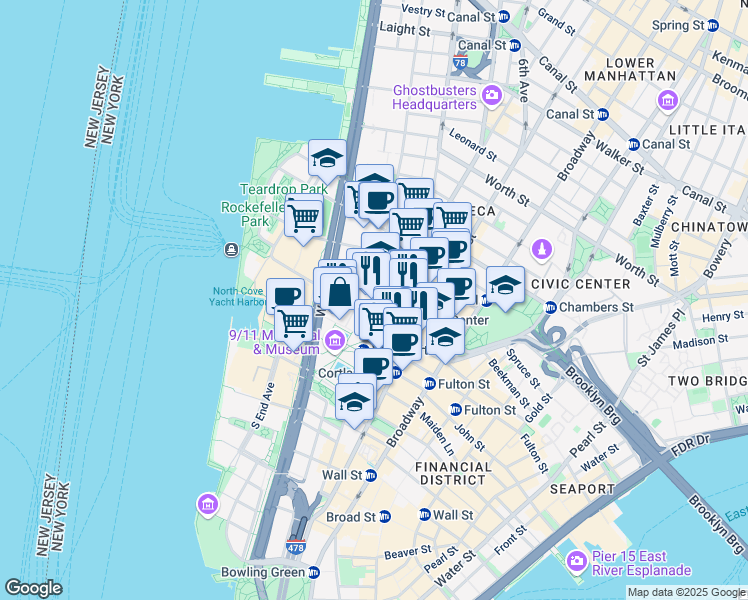 map of restaurants, bars, coffee shops, grocery stores, and more near 175 Greenwich Street in New York