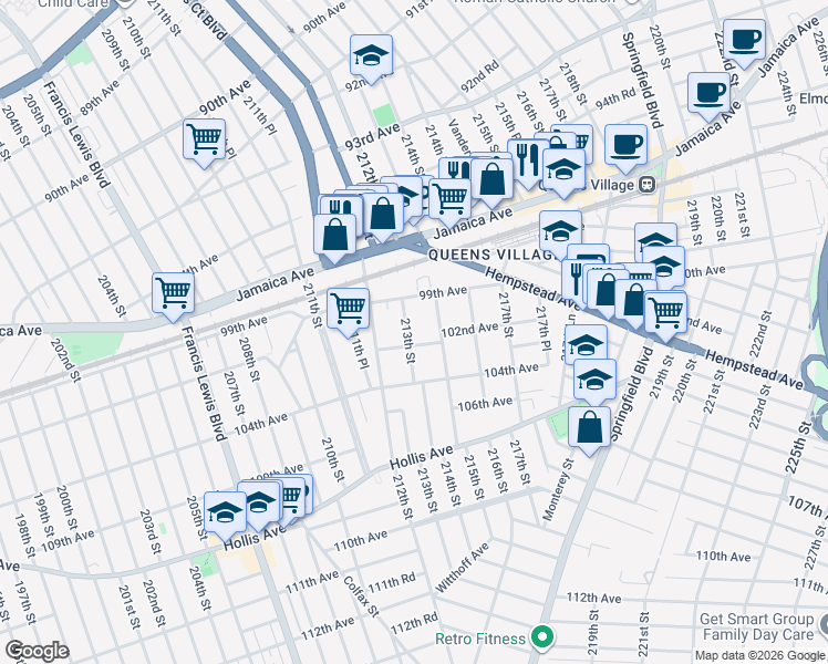 map of restaurants, bars, coffee shops, grocery stores, and more near 99-35 213th Street in Queens