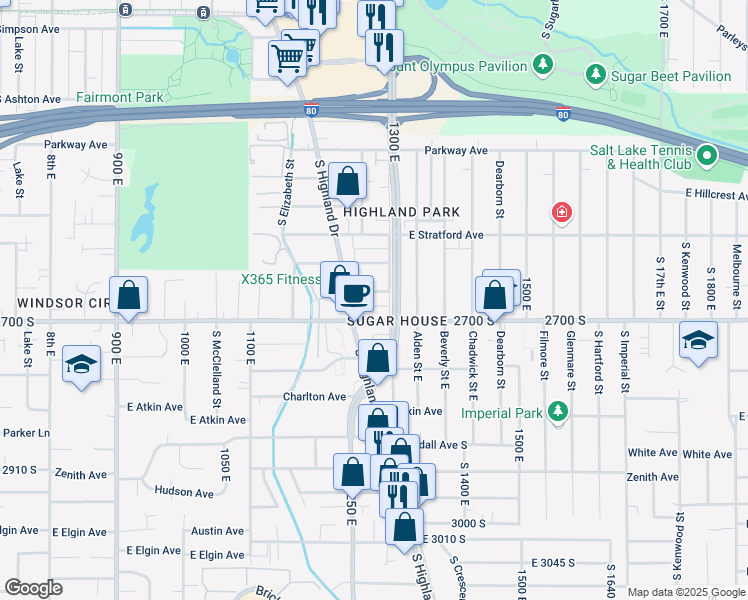 map of restaurants, bars, coffee shops, grocery stores, and more near 1274 Malvern Avenue in Salt Lake City