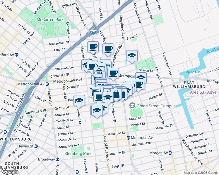 map of restaurants, bars, coffee shops, grocery stores, and more near 321A Humboldt Street in Brooklyn