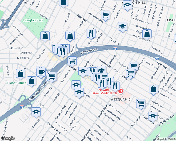map of restaurants, bars, coffee shops, grocery stores, and more near 198 Dewey Street in Newark