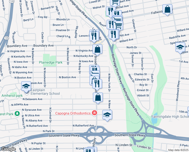 map of restaurants, bars, coffee shops, grocery stores, and more near 1088 North Broadway in Massapequa