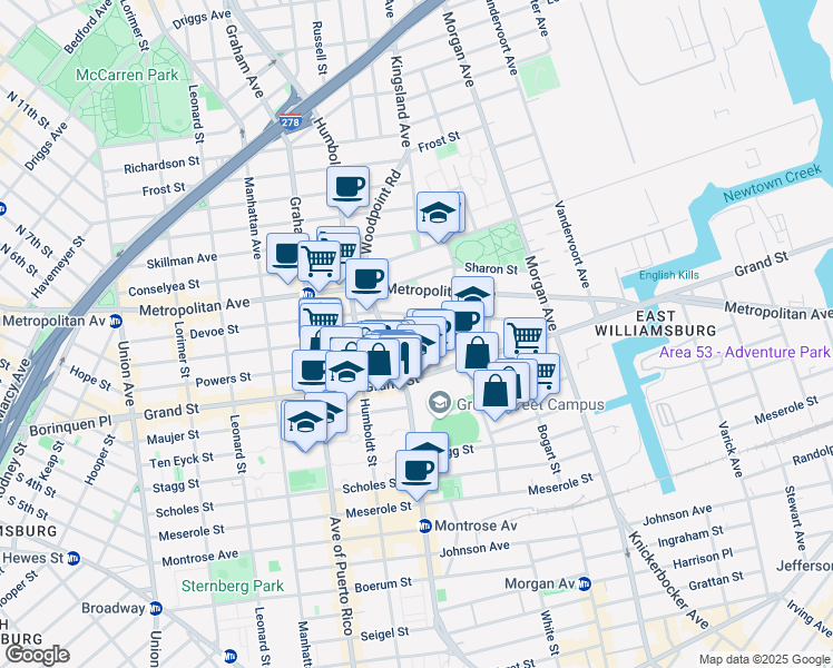 map of restaurants, bars, coffee shops, grocery stores, and more near 14 Judge Street in Brooklyn