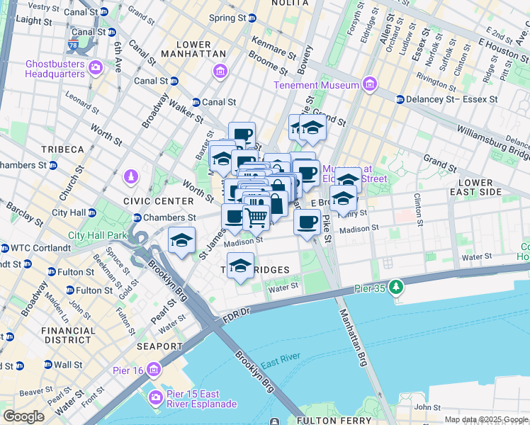map of restaurants, bars, coffee shops, grocery stores, and more near 35 East Broadway in New York