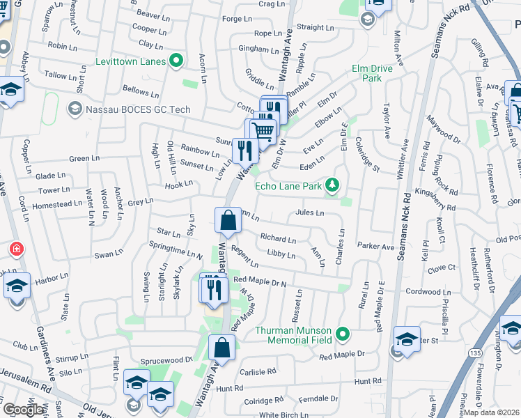 map of restaurants, bars, coffee shops, grocery stores, and more near 3659 Lynn Lane in Wantagh
