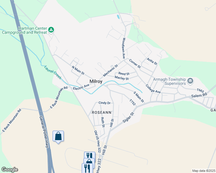 map of restaurants, bars, coffee shops, grocery stores, and more near 10 South Main Street in Milroy