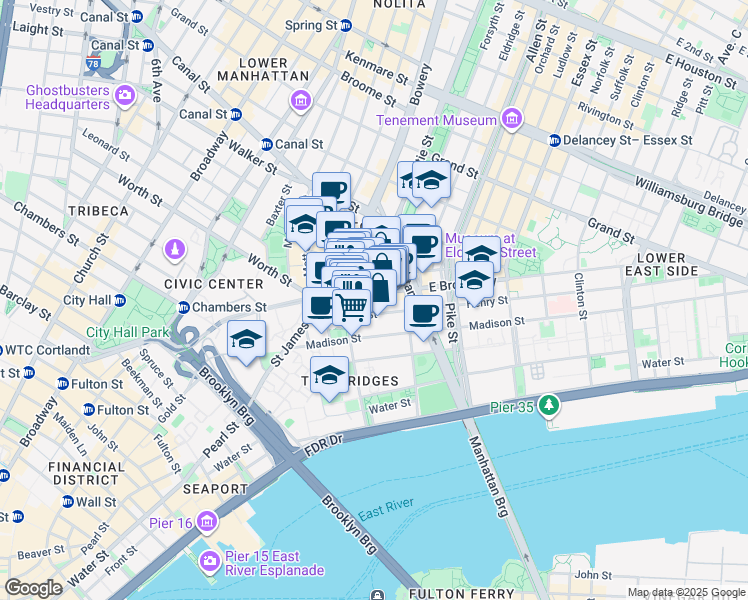 map of restaurants, bars, coffee shops, grocery stores, and more near 29 Henry Street in New York