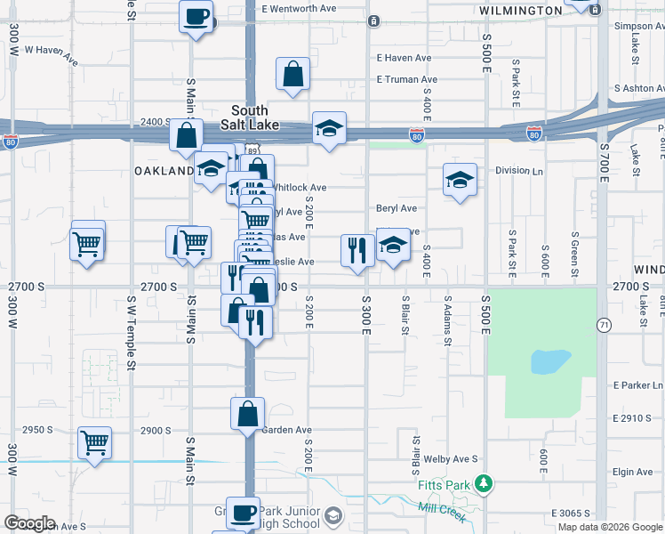 map of restaurants, bars, coffee shops, grocery stores, and more near 248 East Leslie Avenue in South Salt Lake