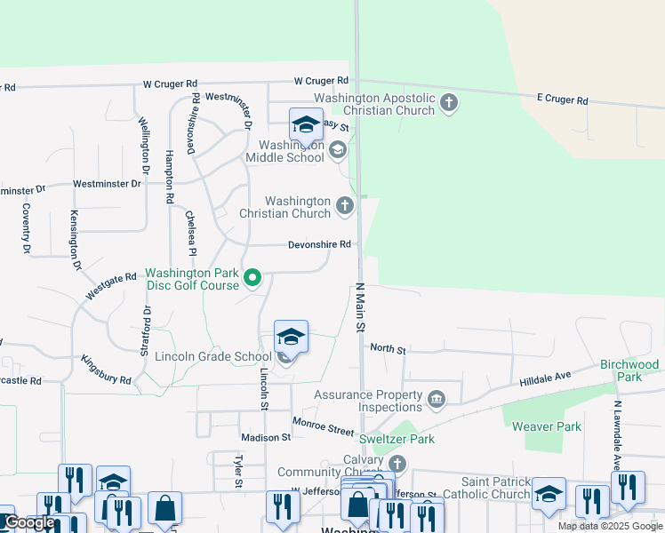 map of restaurants, bars, coffee shops, grocery stores, and more near 204 Wilshire Drive in Washington