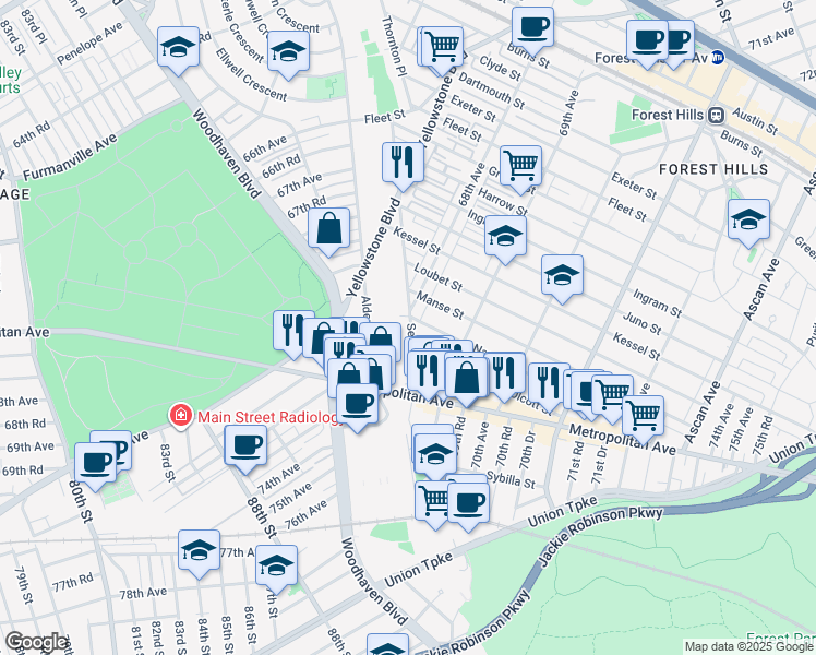 map of restaurants, bars, coffee shops, grocery stores, and more near 68-28 Selfridge Street in Queens
