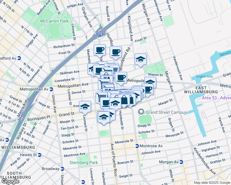 map of restaurants, bars, coffee shops, grocery stores, and more near 321A Humboldt Street in Brooklyn