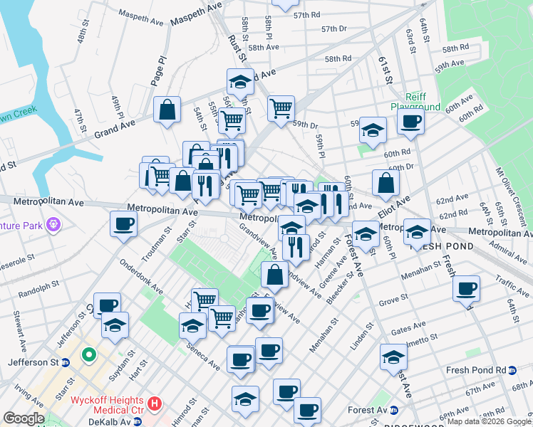 map of restaurants, bars, coffee shops, grocery stores, and more near 53-56 Metropolitan Avenue in Queens