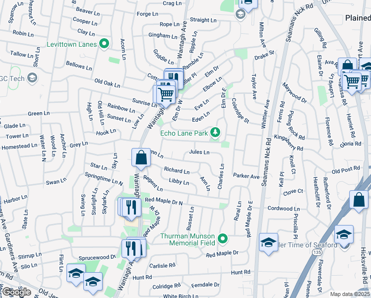 map of restaurants, bars, coffee shops, grocery stores, and more near 3709 Jules Lane in Wantagh