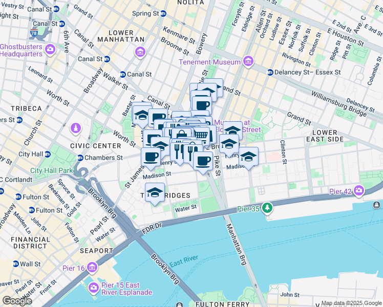 map of restaurants, bars, coffee shops, grocery stores, and more near 56 East Broadway in New York