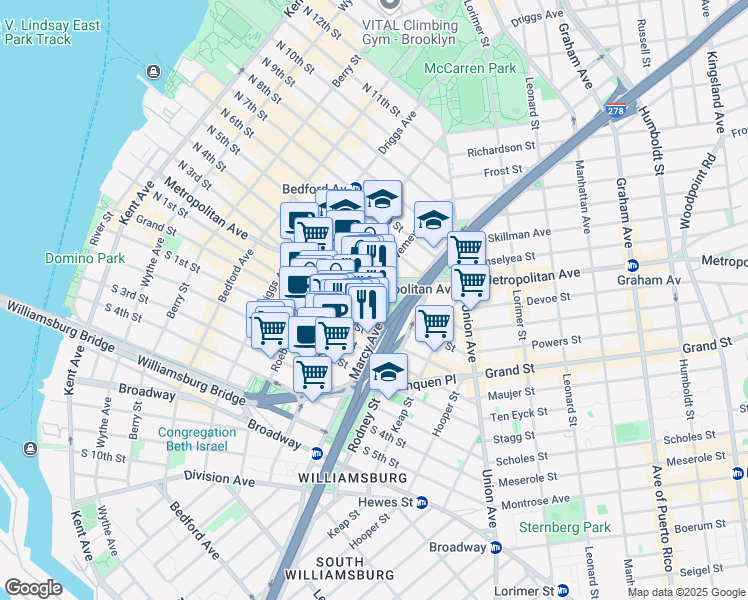 map of restaurants, bars, coffee shops, grocery stores, and more near 62 Hope Street in Brooklyn