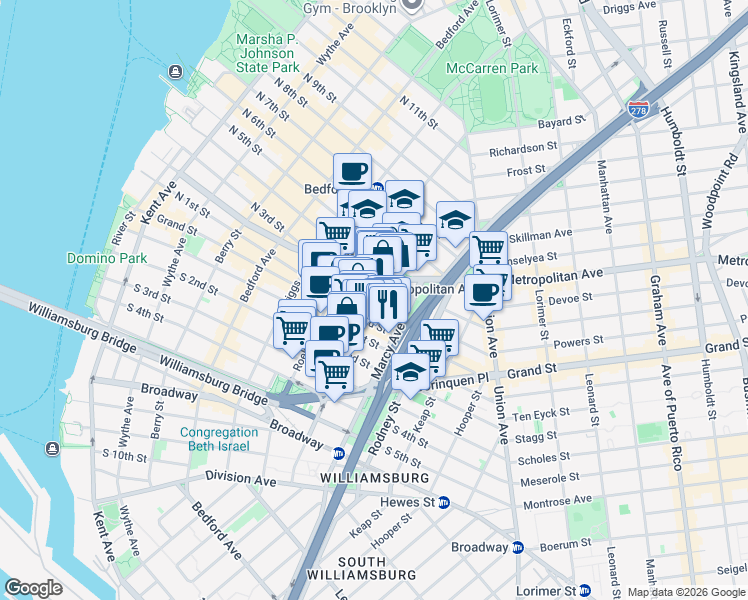 map of restaurants, bars, coffee shops, grocery stores, and more near Havemeyer Street & Hope Street in Brooklyn