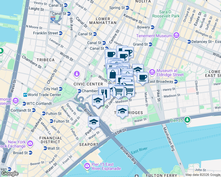 map of restaurants, bars, coffee shops, grocery stores, and more near 170 Park Row in New York