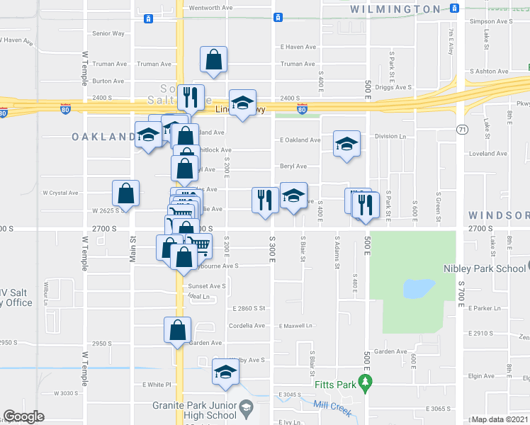 map of restaurants, bars, coffee shops, grocery stores, and more near 255 2700 South in Salt Lake City