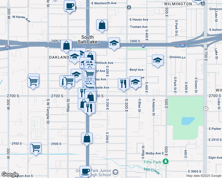 map of restaurants, bars, coffee shops, grocery stores, and more near 209 East 2700 South in South Salt Lake