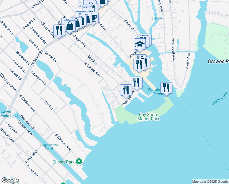 map of restaurants, bars, coffee shops, grocery stores, and more near 122 South Clinton Avenue in Bay Shore