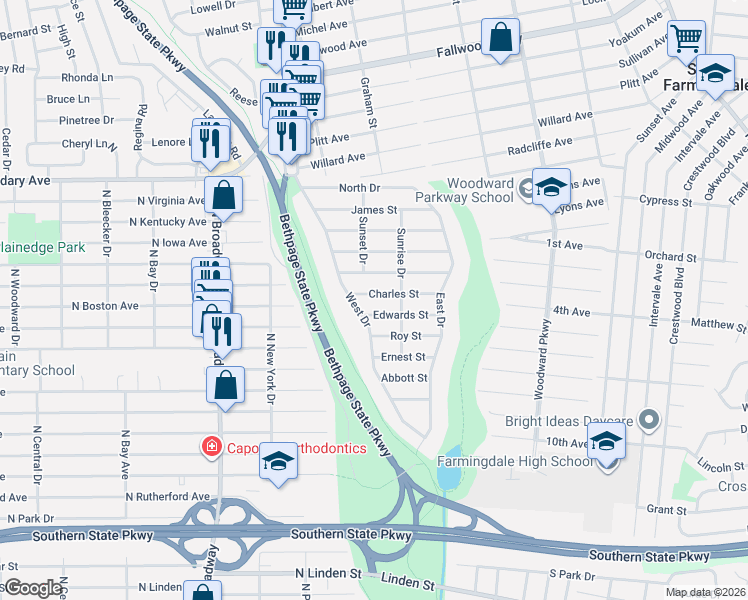 map of restaurants, bars, coffee shops, grocery stores, and more near 128 West Drive in Massapequa