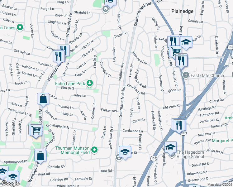 map of restaurants, bars, coffee shops, grocery stores, and more near 494 Whittier Avenue in Levittown
