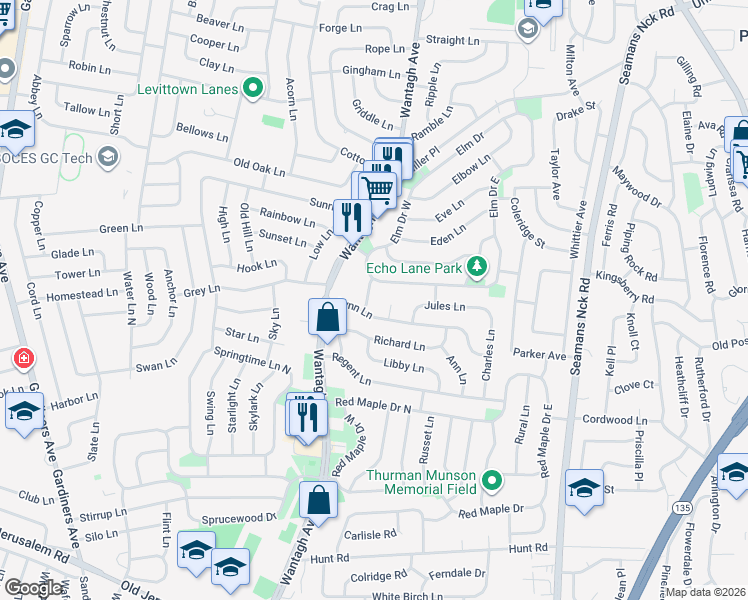 map of restaurants, bars, coffee shops, grocery stores, and more near 3659 Lynn Lane in Wantagh